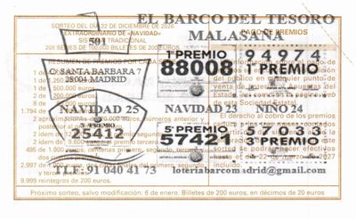Reverso del décimo 94628 con el sello de la Administración nº 501 «El Barco del Tesoro», en Madrid (Malasaña)